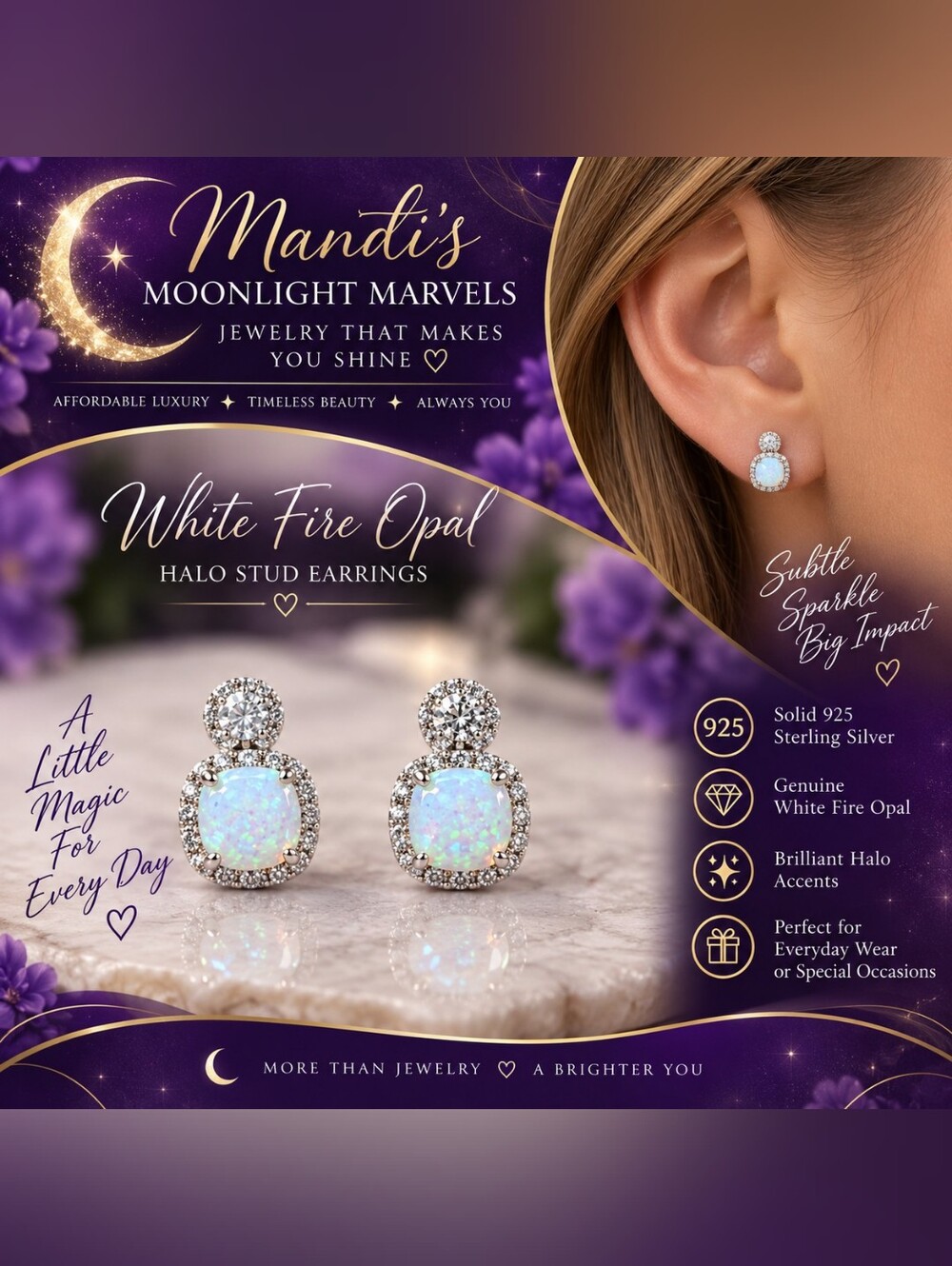 925 Sterling White Fire Opal Halo Stud Earrings